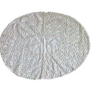 Vtg Linen White Lace Oval Doily Tablecloth Runner Granny Cottage Handmade